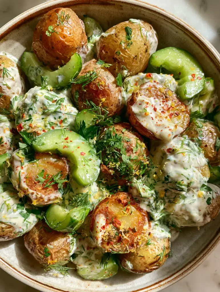 Healthy Potato Salad with Roasted Gold Potatoes & Greek Yogurt 1 Close up of healthy potato salad showing sliced Persian cucumbers and fresh herbs.