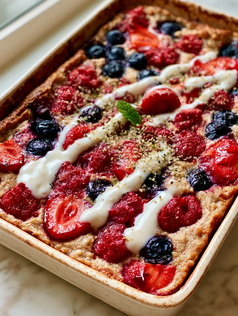 Close up of caramelized strawberries and deep indigo blueberries in a triple berry bake.
