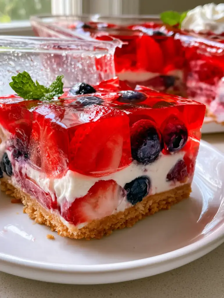Close up of the ruby red jello layer of Summer berry jello lasagna with suspended strawberries and blueberries.