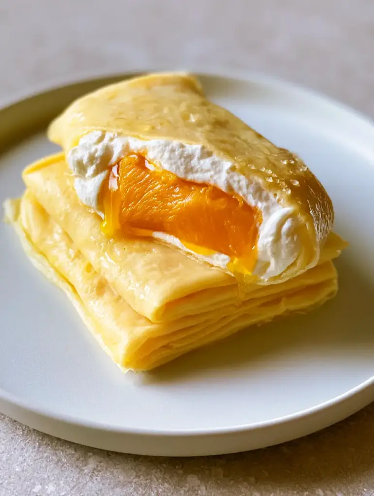 Three Mango pancakes stacked on a minimalist matte white plate with visible condensation droplets.