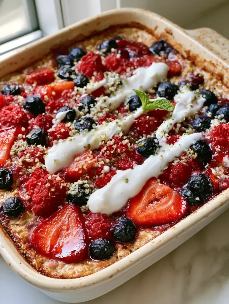 A rustic ceramic dish filled with a toasted triple berry bake and a messy Greek yogurt drizzle.