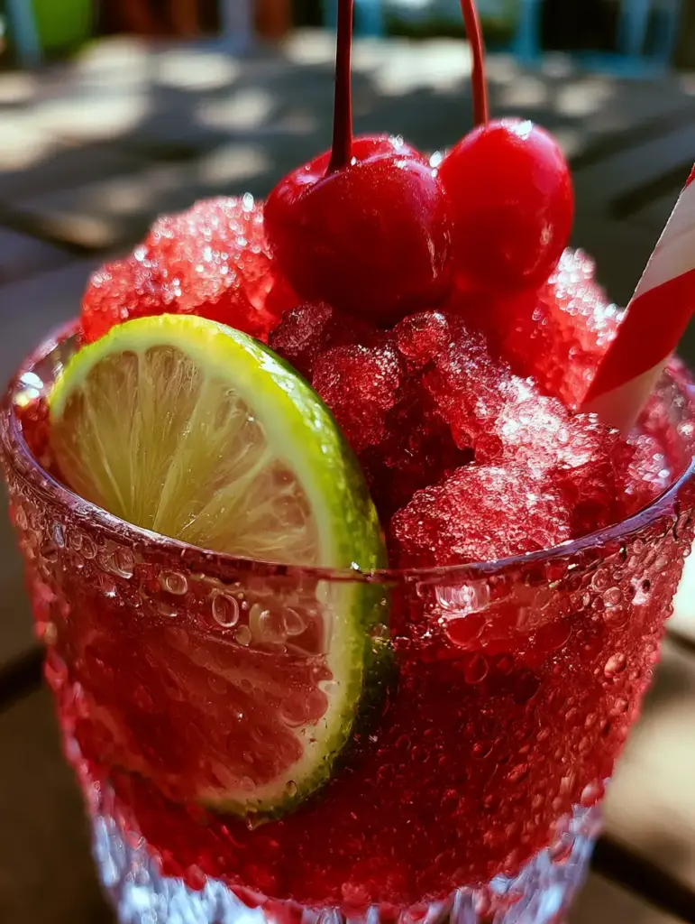 Macro photo of glistening ruby-red ice crystals in Cherry Limeade Slushies with condensation on the glass.