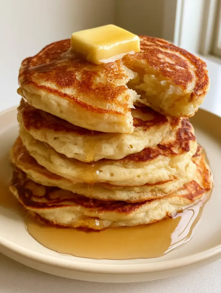 Close-up of golden-brown caramelized edges on a stack of four pancakes (pancake ideas).