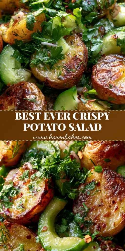 A vertical shot of a rustic bowl containing a charred roasted potato salad recipe with fresh herbs and lemon vinaigrette.