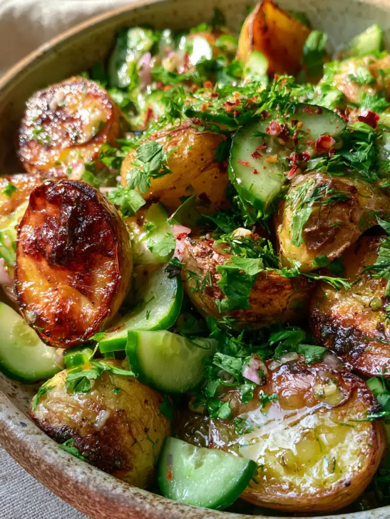 Close-up of a rustic bowl featuring a roasted potato salad recipe with sliced cucumbers and fresh dill.