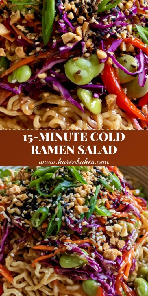 Asian Pasta Salad with a Glossy Sesame Ginger Glaze and Crunchy Veggies 3 A close-up shot of an Asian Pasta Salad with wavy ramen noodles, purple cabbage, and a honey-colored sesame ginger glaze in a ceramic bowl.