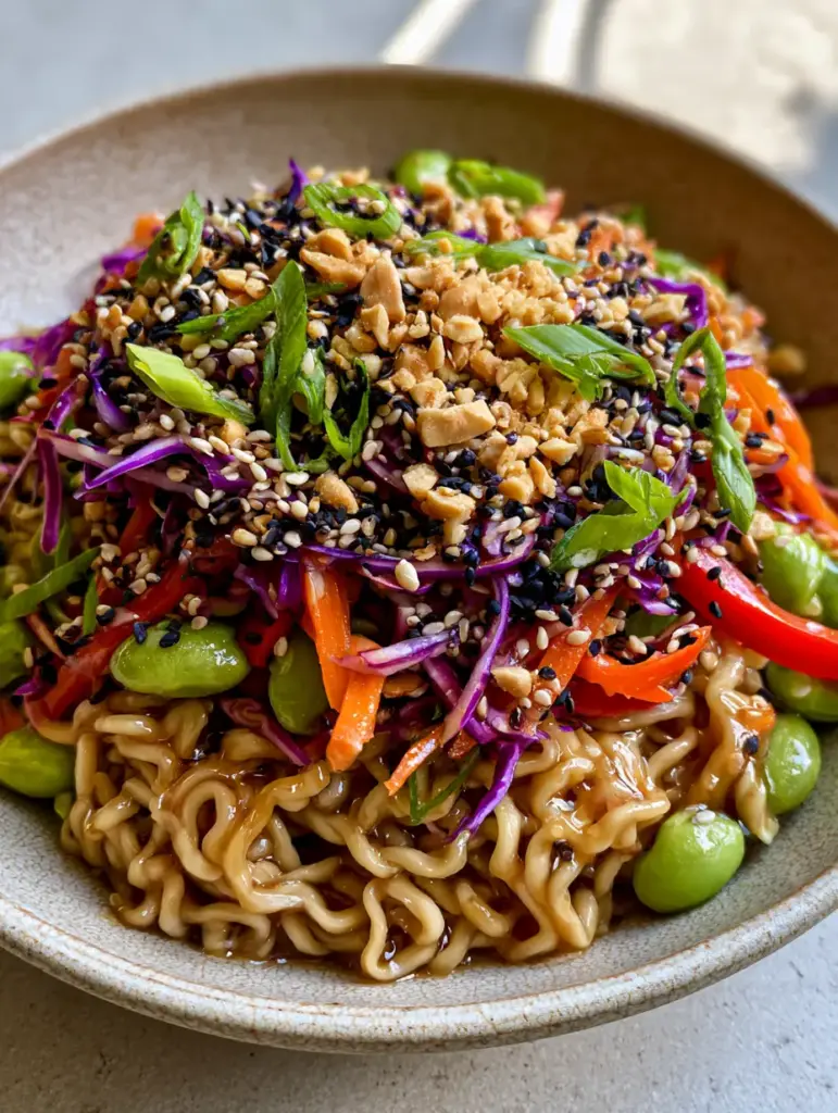 Asian Pasta Salad with a Glossy Sesame Ginger Glaze and Crunchy Veggies 2 Smartphone photo showing the glossy texture of wavy ramen noodles in an Asian Pasta Salad with edamame and carrots.