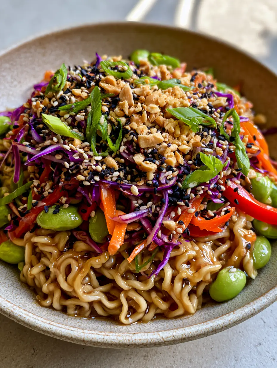 Asian Pasta Salad with a Glossy Sesame Ginger Glaze and Crunchy Veggies 4 Smartphone photo showing the glossy texture of wavy ramen noodles in an Asian Pasta Salad with edamame and carrots.