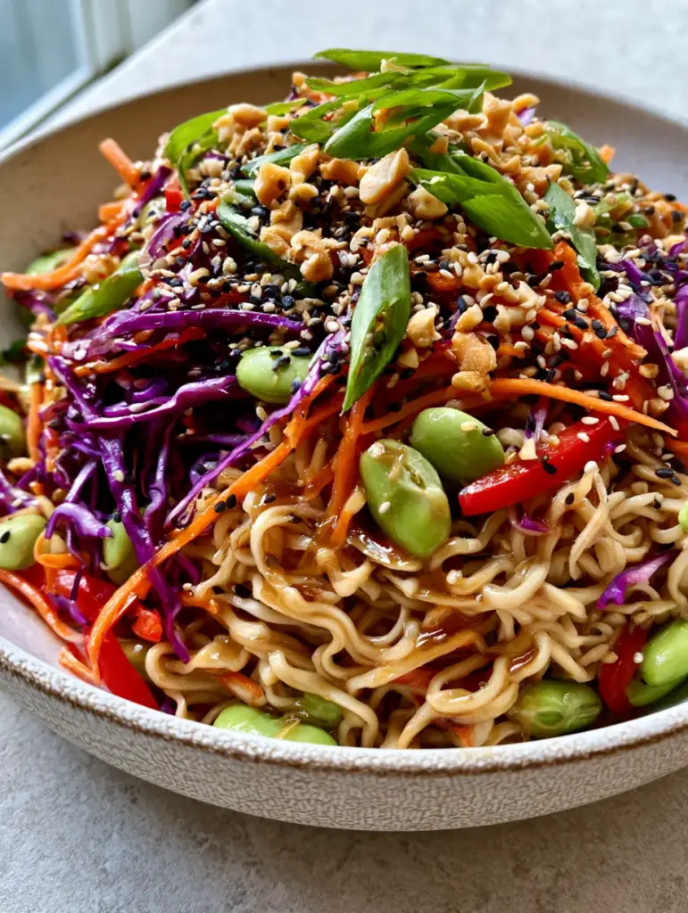 Asian Pasta Salad with a Glossy Sesame Ginger Glaze and Crunchy Veggies 1 Top-down view of Asian Pasta Salad featuring julienned carrots, purple cabbage, and black sesame seed garnish.