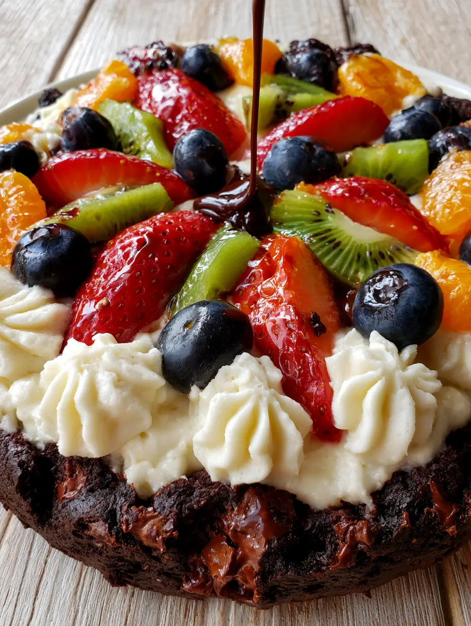 Brownie Fruit Pizza: The Ultimate Triple Chocolate Summer Dessert 3 Macro top-down shot showing the crinkled edges of the brownie and the glossy chocolate syrup drizzle on a brownie fruit pizza.