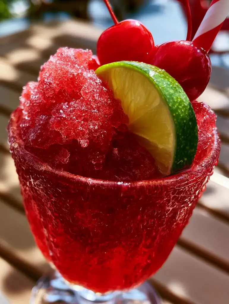 Handheld smartphone photo of a Cherry Limeade Slushie showing a bright green lime wheel and a red striped straw.