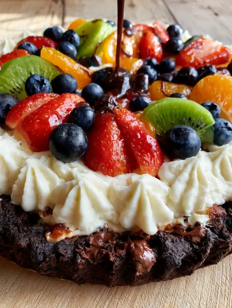 Brownie Fruit Pizza: The Ultimate Triple Chocolate Summer Dessert 1 Close up of thick cream cheese frosting rosettes topped with fresh kiwi and strawberries on a brownie fruit pizza.