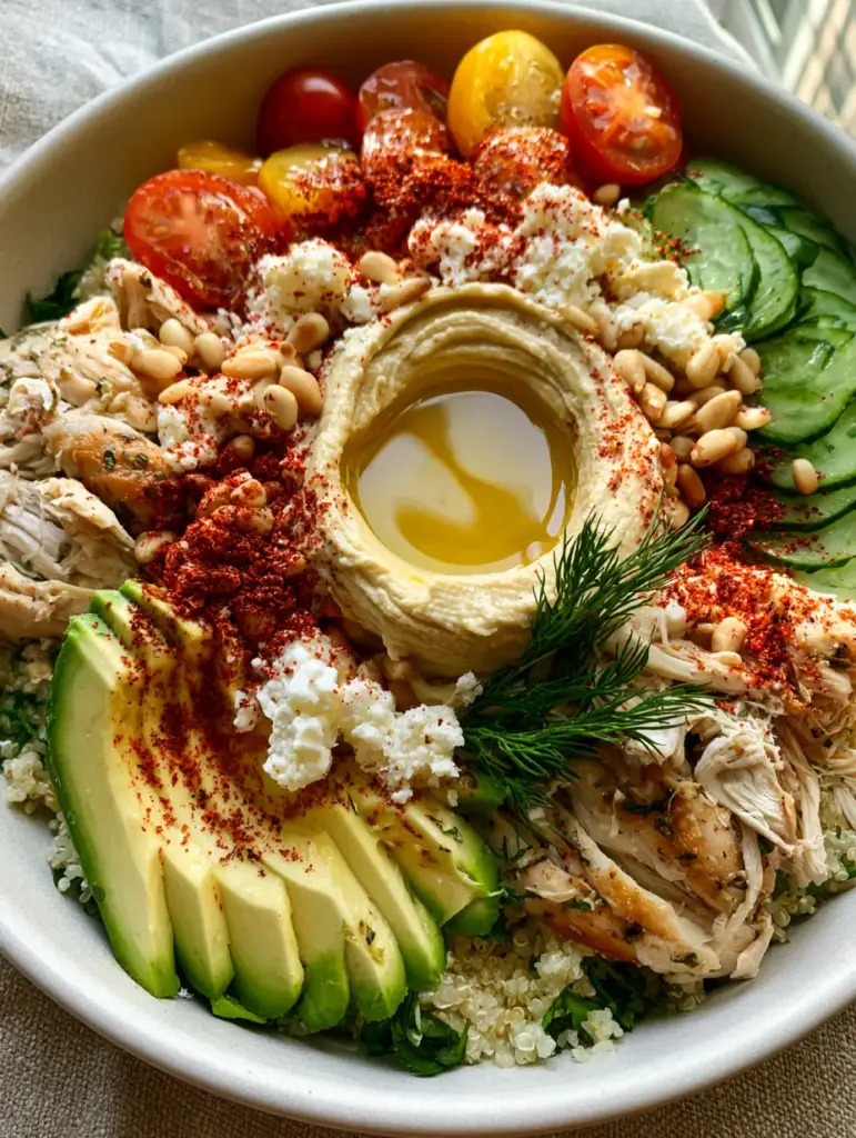 Top-down view of a Mediterranean chicken bowl in a matte white dish showing light summer dinner ideas.