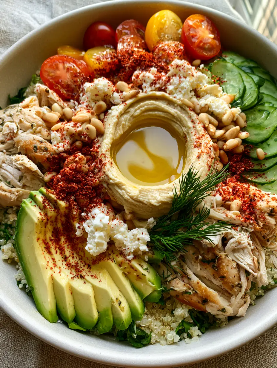 Top-down view of a Mediterranean chicken bowl in a matte white dish showing light summer dinner ideas.