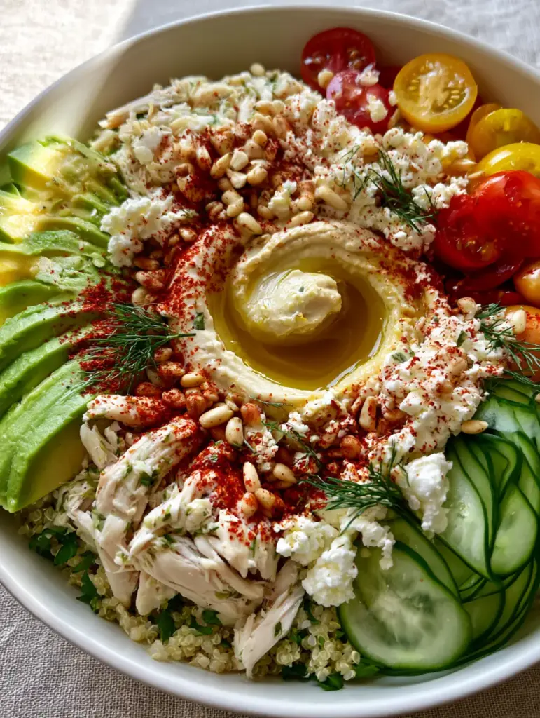 Close-up of hummus with olive oil well and toasted pine nuts, highlighting light summer dinner ideas.