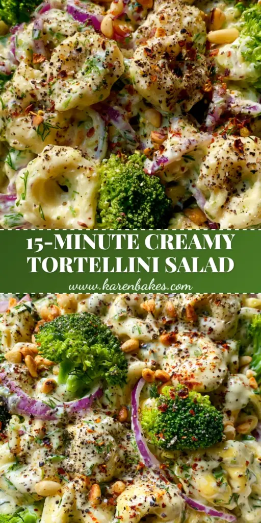 Tortellini Broccoli Salad with Zesty Herb Cream Dressing 4 A close-up of Tortellini Broccoli Salad in a white bowl showing plump pasta and bright green broccoli with pine nuts. (Tortellini Broccoli Salad)