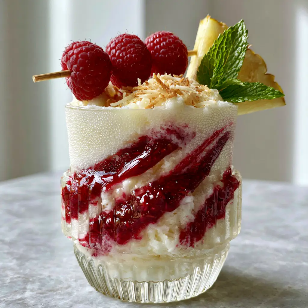 Raspberry Colada: The Ultimate Creamy Frozen Tropical Escape 1 A Raspberry Colada garnished with toasted coconut, a pineapple slice, and fresh raspberries on a pick.