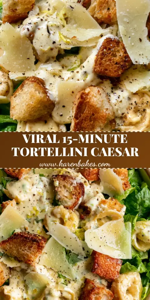 Tortellini Caesar Salad with Sourdough Garlic Croutons 3 An overhead close-up of a luxurious Tortellini Caesar Salad with oversized sourdough croutons and wide parmesan shavings in a ceramic bowl. (tortellini Caesar salad)