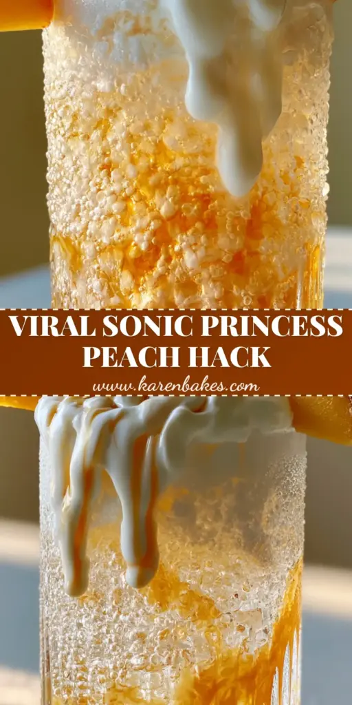A tall ribbed glass filled with pebble ice, golden peach syrup at the bottom, and a thick white cream cascade on top, garnished with mint and peach slices. (Sonic Princess Peach drink)