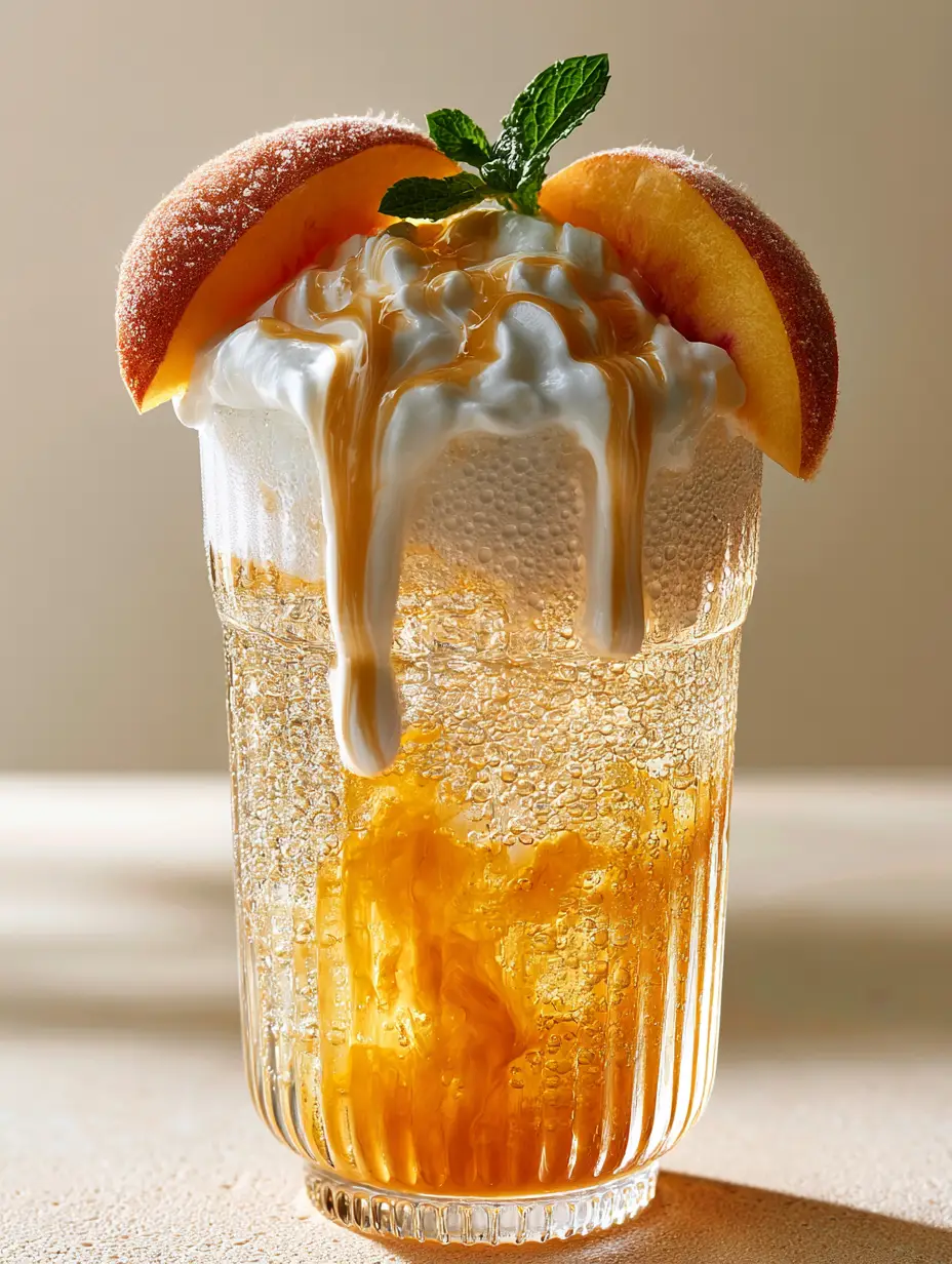 Extreme close-up of a Sonic Princess Peach drink showing the pebble ice and the thick, velvety ribbons of cream cascading down. (Sonic Princess Peach drink)
