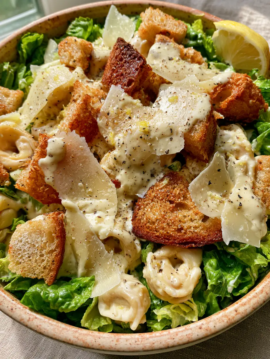 Tortellini Caesar Salad with Sourdough Garlic Croutons 4 A vibrant tortellini Caesar salad featuring bright emerald-green romaine lettuce and velvety dressing speckled with black pepper. (tortellini Caesar salad)