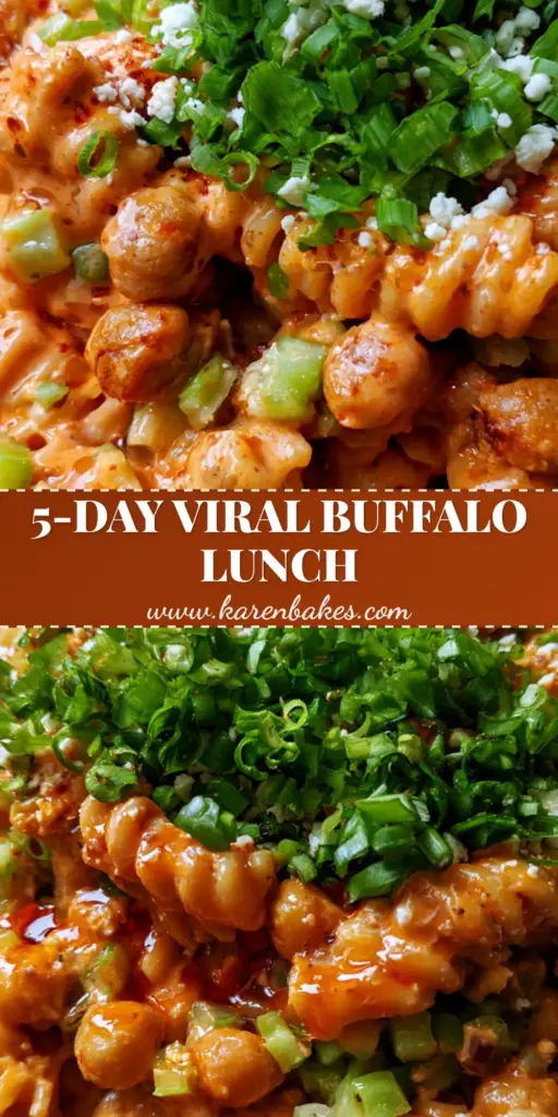A high-angle photo of a glass meal prep container filled with buffalo chickpea pasta salad on a light wood table. (buffalo chickpea pasta salad)