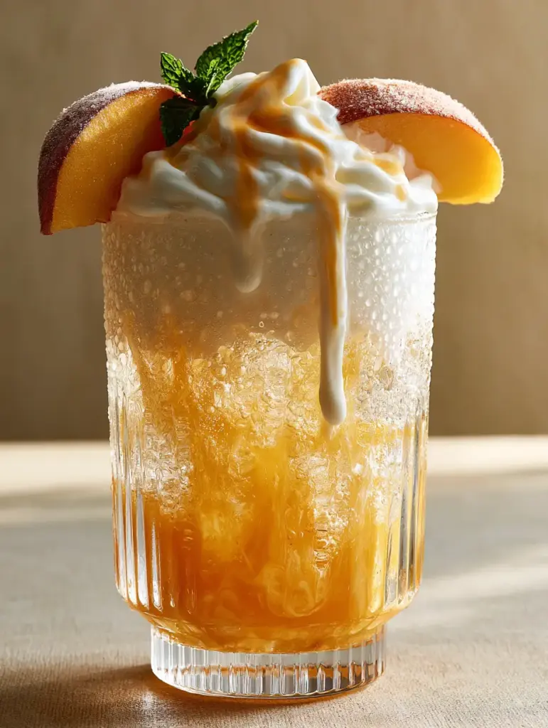Handheld photo of the Sonic Princess Peach drink in warm golden hour light with heavy condensation beads on the ribbed glass. (Sonic Princess Peach drink)