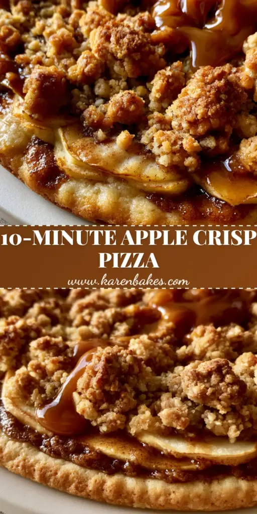 A top-down view of a gourmet apple crisp pizza featuring a soft sugar cookie crust, cinnamon-glazed apples, and a thick amber salted caramel drizzle.