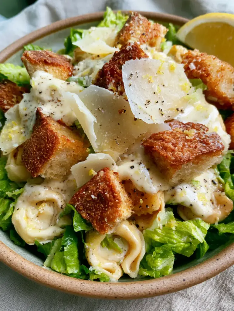 Tortellini Caesar Salad with Sourdough Garlic Croutons 1 Close-up of plump cheese tortellini and jagged sourdough croutons in a creamy Caesar dressing.