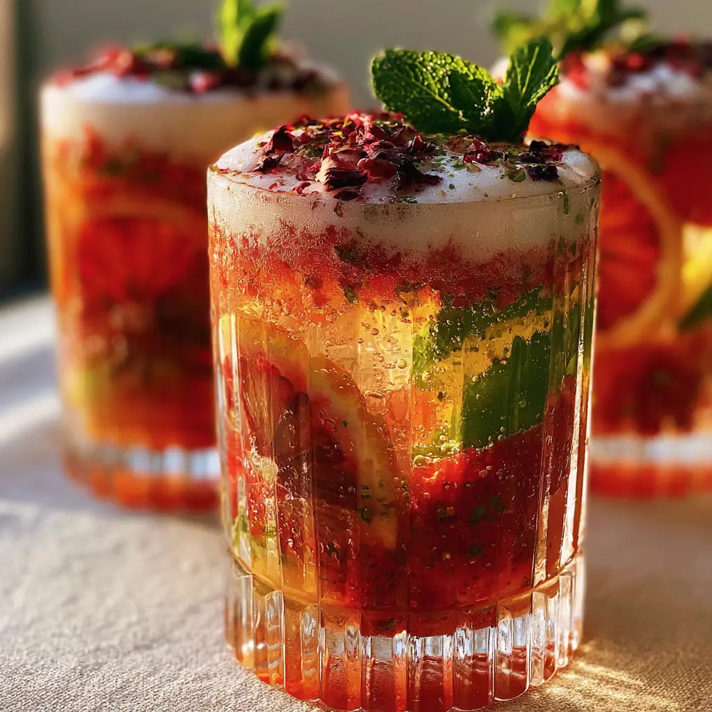 Summer Cocktails: The Ultimate Hibiscus Strawberry Blood Orange Spritz 2 Macro shot of three summer cocktails with thick foam, blood orange, and clear ice cubes in golden hour light.