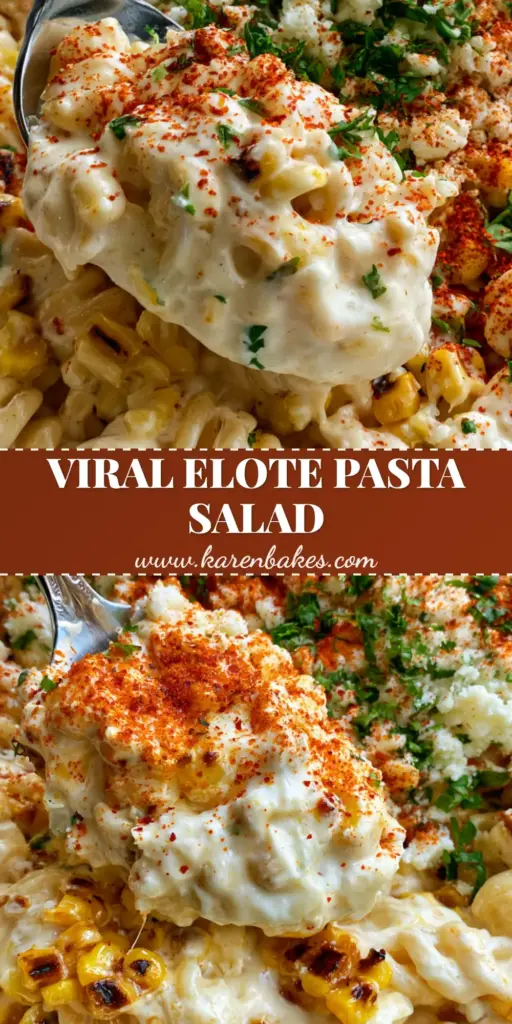 A massive creamy scoop of grilled corn elote pasta salad being lifted from a white bowl with tajin and cilantro garnish.