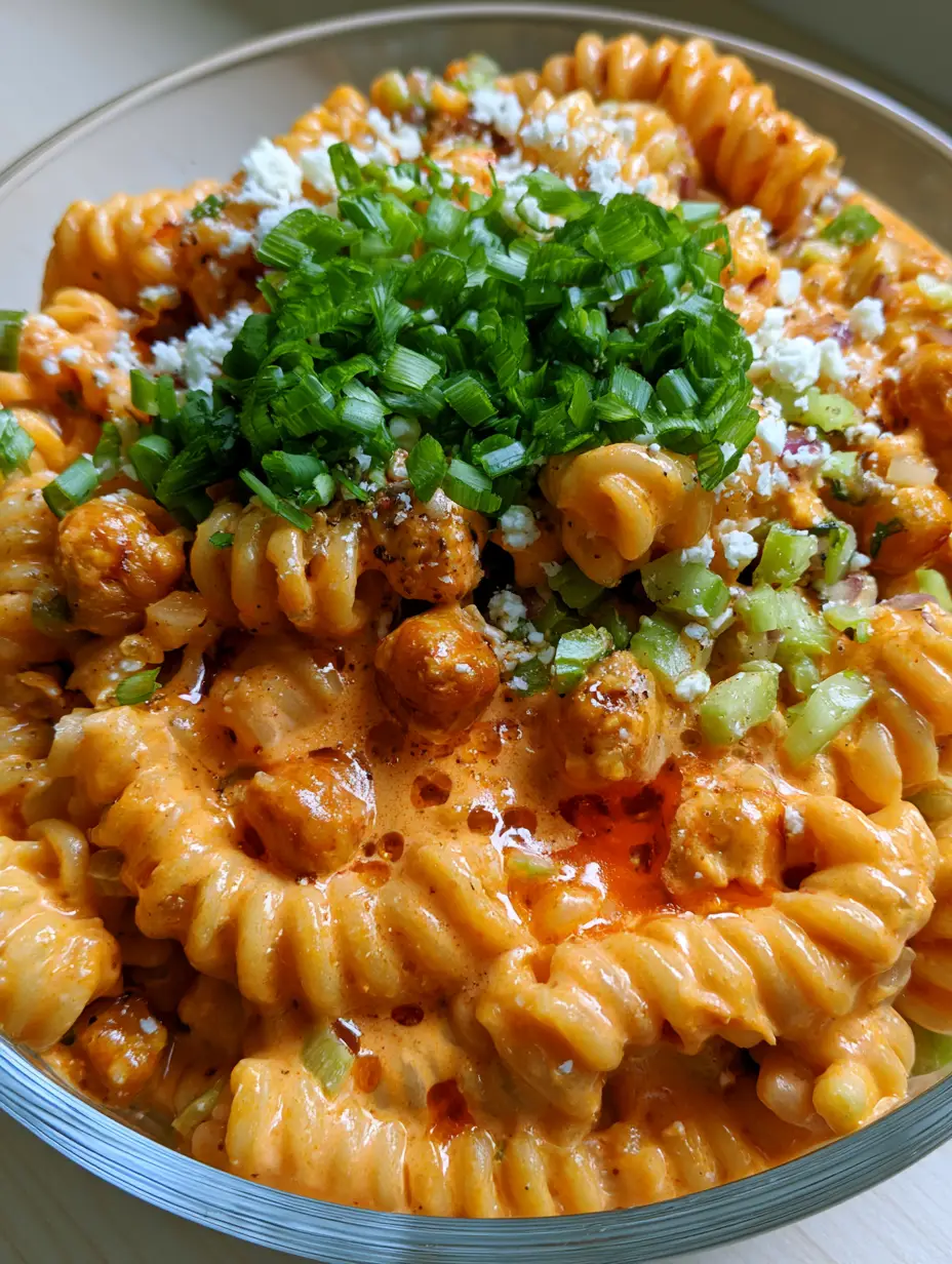 Close up of creamy orange buffalo sauce coating fusilli pasta and roasted chickpeas. (buffalo chickpea pasta salad)