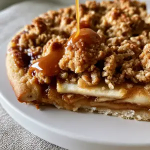 Extreme close-up of apple crisp pizza showing the texture of toasted oat clusters and viscous caramel pooling in the crannies.