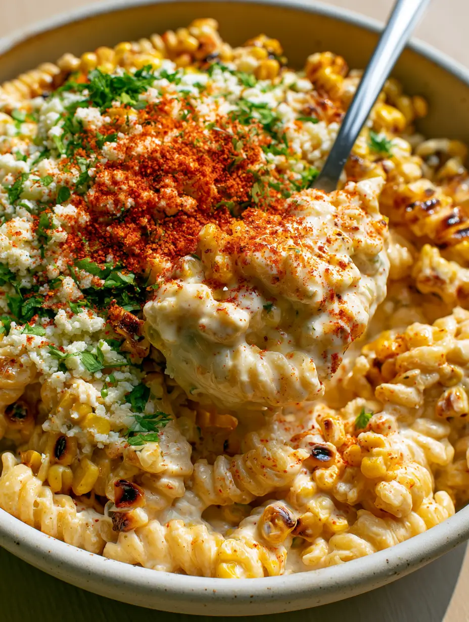 Extreme close-up of grilled corn elote pasta salad showing charred corn kernels and glossy lime crema dressing.