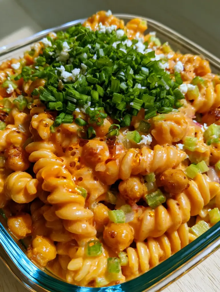 Buffalo chickpea pasta salad garnished with fresh scallions and white feta crumbles.
