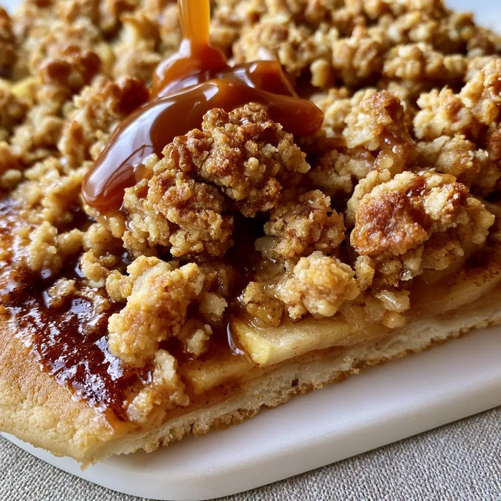 45-degree angle shot of apple crisp pizza on a matte white stone with soft natural lighting and grey linen background.