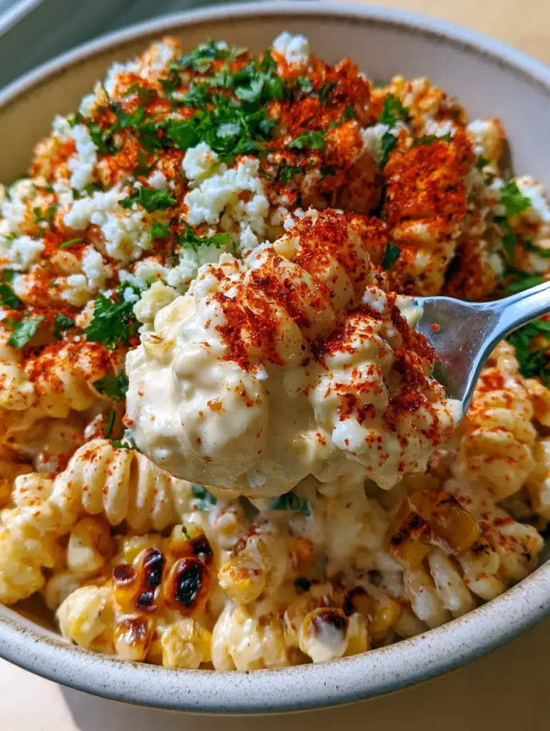 Top-down view of a rustic bowl filled with grilled corn elote pasta salad, cotija cheese, and tajin.