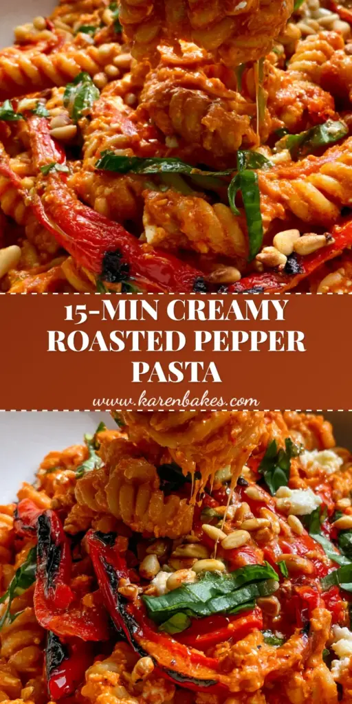 Roast Pepper Pasta Salad with Blistered Peppers and Silky Pesto Sauce 4 A close-up of a vibrant roast pepper pasta salad in a white bowl with glossy pesto and charred pepper strips.