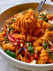 A macro smartphone photo of roast pepper pasta salad with rotini, bright green basil, and golden pine nuts. (roast pepper pasta salad)