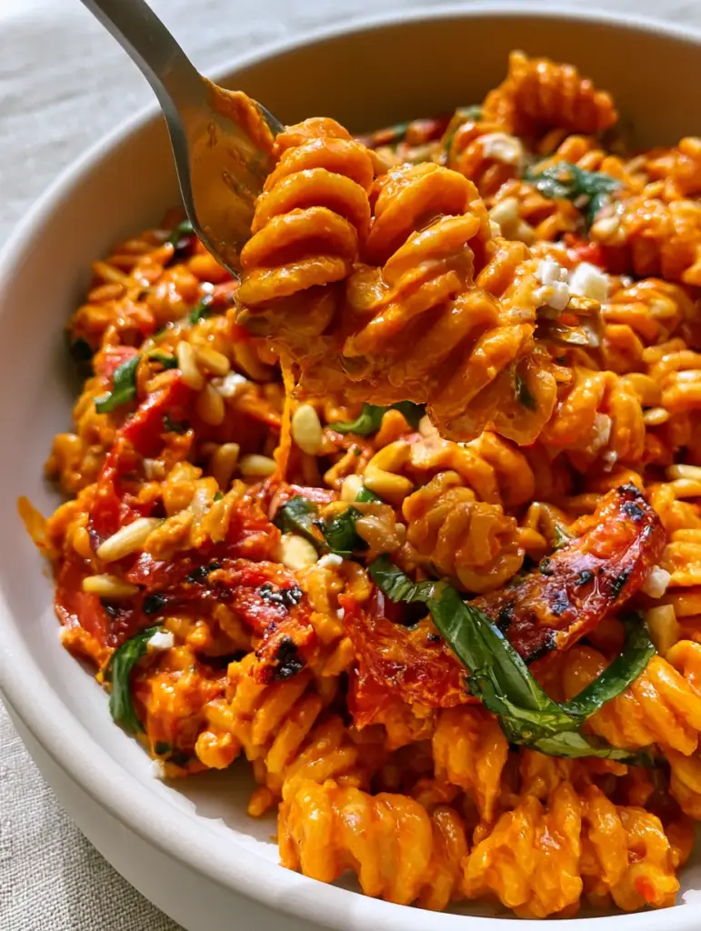 Roast Pepper Pasta Salad with Blistered Peppers and Silky Pesto Sauce 1 Overhead shot of a Mediterranean roast pepper pasta salad featuring crumbled feta and charred pepper strips.