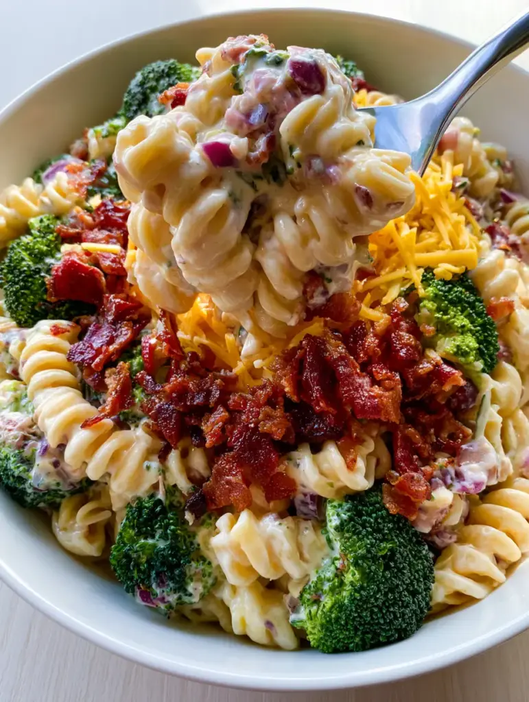 Creamy Bacon Broccoli Pasta Salad with Sharp Cheddar and Sunflower Seeds 2 Close up shot of creamy bacon broccoli pasta salad showing glossy dressing and forest-green broccoli florets.