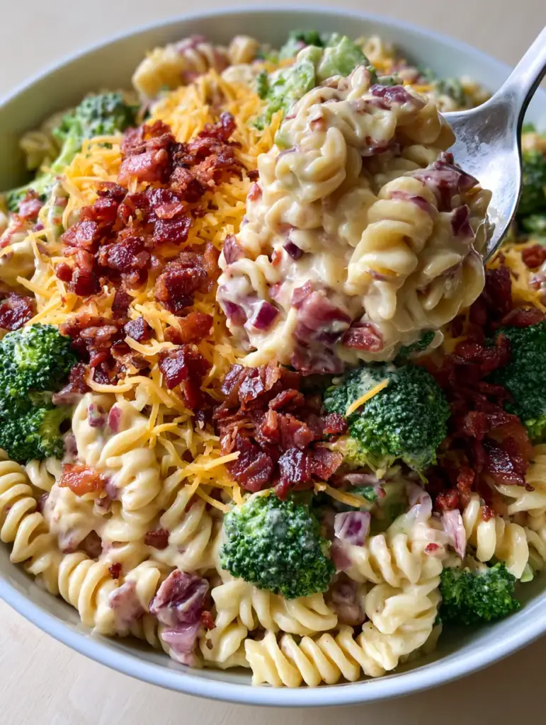 Creamy Bacon Broccoli Pasta Salad with Sharp Cheddar and Sunflower Seeds 1 A vibrant bowl of creamy bacon broccoli pasta salad with yellow cheddar and reddish-brown bacon bits.