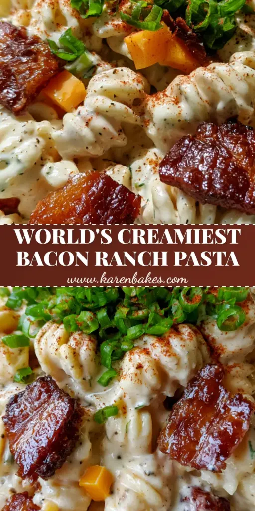 A close-up of a white bowl filled with creamy bacon cheddar ranch pasta salad topped with green onions and smoked paprika.