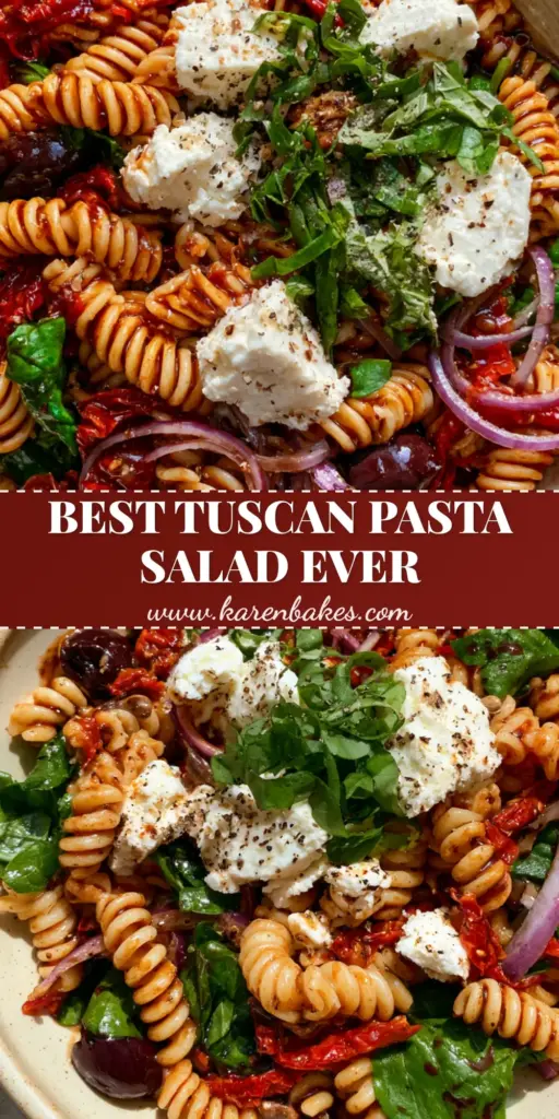 Tuscan Pasta Salad with Sun-Dried Tomatoes and Balsamic Vinaigrette 5 Overhead view of a vibrant Tuscan pasta salad in a cream bowl featuring rotini, sun-dried tomatoes, and feta chunks.