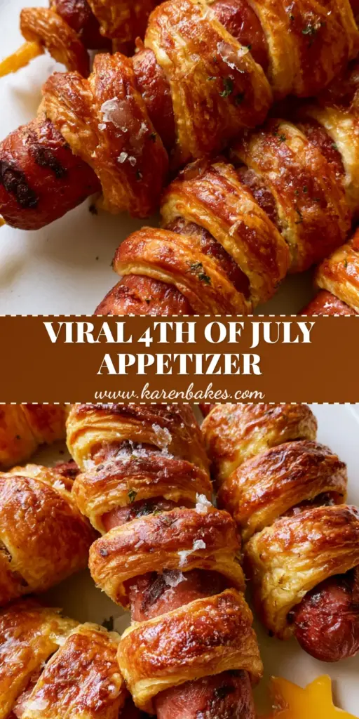 Firecracker Hot Dogs: The Ultimate Crispy Patriotic Appetizer 4 A Pinterest-style vertical graphic showing a platter of Firecracker Hot Dogs with spiraled dough and cheddar stars. (Firecracker Hot Dogs)
