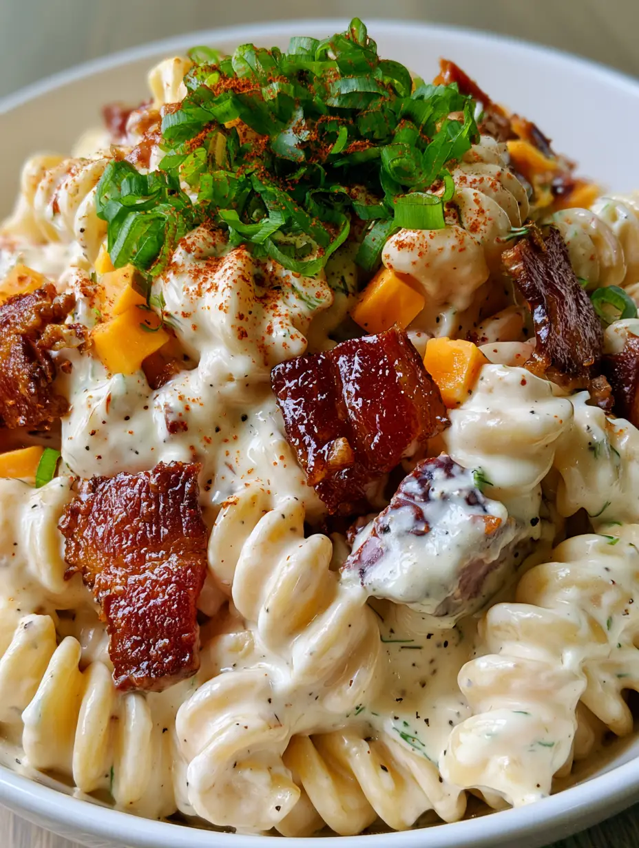 Macro photo of spiral rotini smothered in velvety ranch dressing with bacon and cheddar. (bacon cheddar ranch pasta salad)