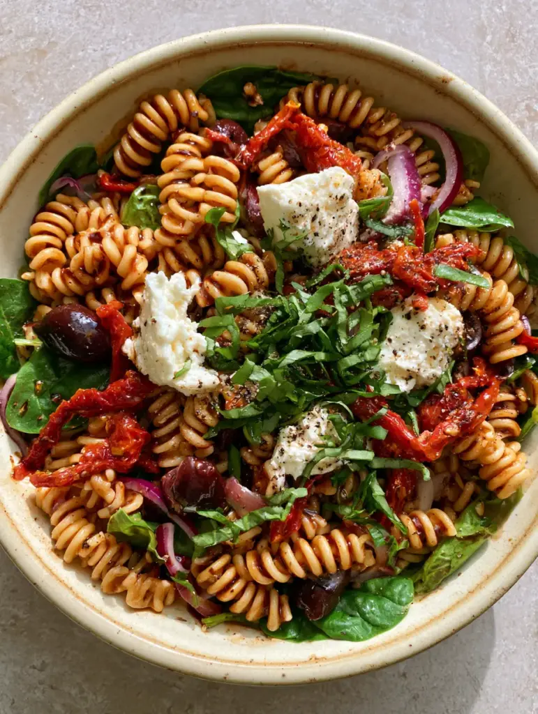 Tuscan Pasta Salad with Sun-Dried Tomatoes and Balsamic Vinaigrette 2 Close up of glossy rotini pasta in a Tuscan pasta salad with dark balsamic vinaigrette and basil garnish.