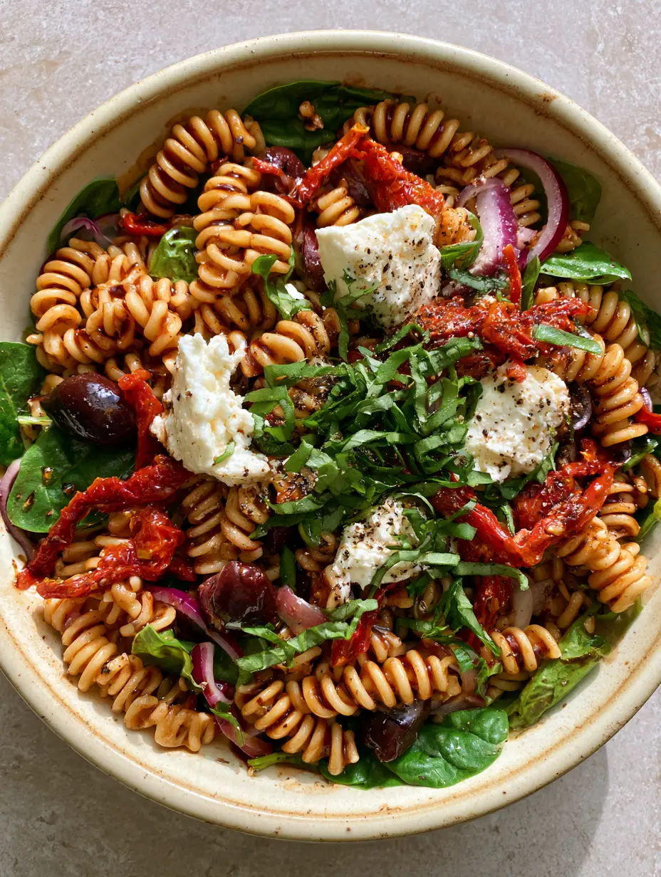 Tuscan Pasta Salad with Sun-Dried Tomatoes and Balsamic Vinaigrette 4 Close up of glossy rotini pasta in a Tuscan pasta salad with dark balsamic vinaigrette and basil garnish.