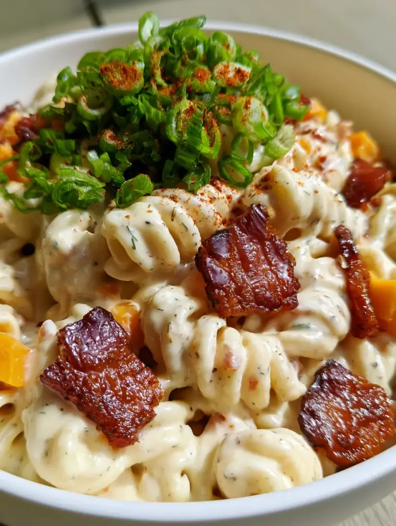 Eye-level view of bacon cheddar ranch pasta salad in a white ceramic bowl with sharp orange cheddar cubes.