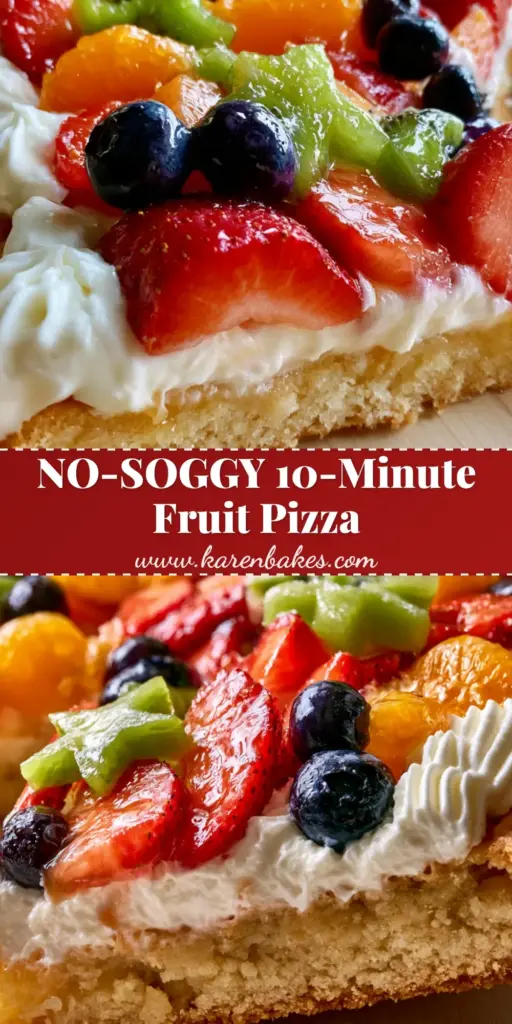 A lifted slice of Fruit Pizza showing a thick golden-brown sugar cookie crust and vibrant strawberries, blueberries, and kiwi stars.